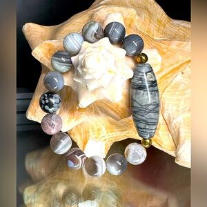 AGATE BANDED + NET JASPER NATURAL STONES BRACELET Size 7”